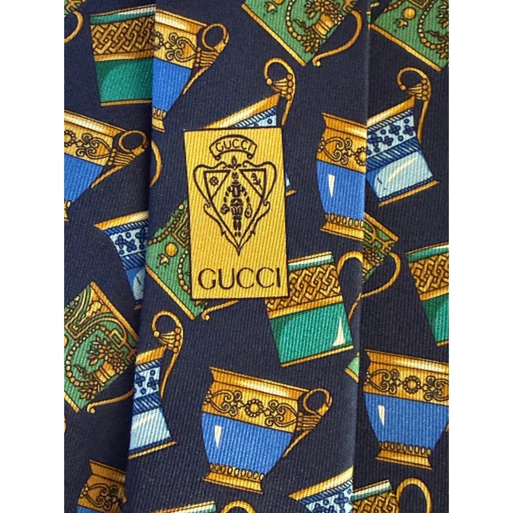 Vintage Gucci Men Tea Cups Neck Tie Navy Blue Silk Italy Luxury Designer Italian